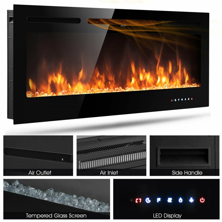 50-inch recessed electric fireplace with adjustable brightness, featuring 9 flame colors and a sleek tempered glass.