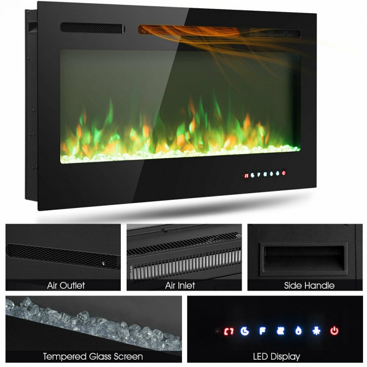 40-inch recessed electric fireplace with tempered glass, LED display, and 9 flame colors for stylish heating.