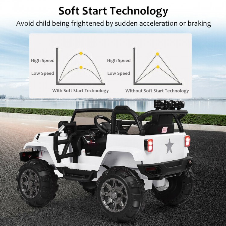 Kids remote control riding truck in white with LED lights, featuring soft start technology for safe driving.