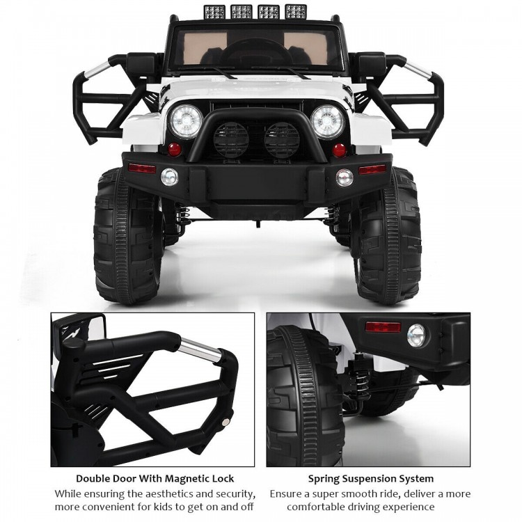 Front view of the 12V kids remote control truck with LED lights, featuring a magnetic lock double door and spring.