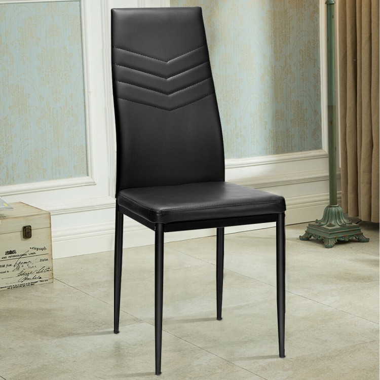 High back dining chair in black PVC leather with ergonomic design and non-slip feet pads for versatile placement.