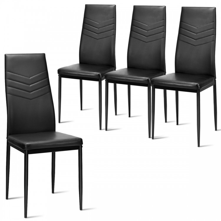 Set of 4 high back dining chairs in black PVC leather with ergonomic design and non-slip feet pads for versatile use.