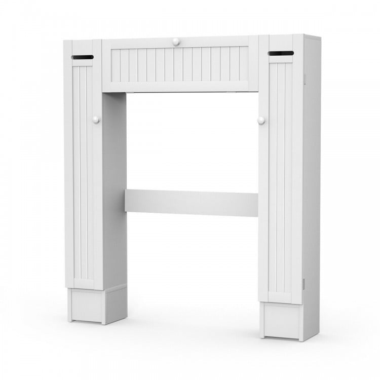 White wooden over the toilet storage cabinet with center and side cabinets, adjustable shelves, and pull-down door.