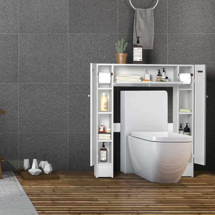 Wooden over the toilet storage cabinet in white, featuring center and side cabinets for efficient bathroom organization.