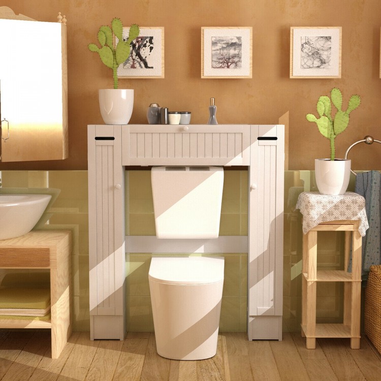 Wooden over the toilet storage cabinet in white with center and side cabinets, ideal for maximizing bathroom space.