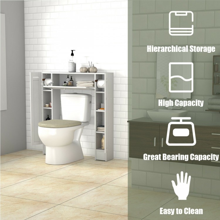 Wooden over the toilet storage cabinet in white with hierarchical storage, high capacity, and easy-to-clean surfaces.