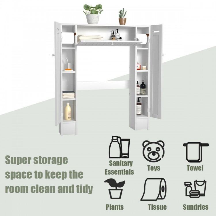 White wooden over the toilet storage cabinet featuring a sleek design, perfect for organized bathroom essentials and.
