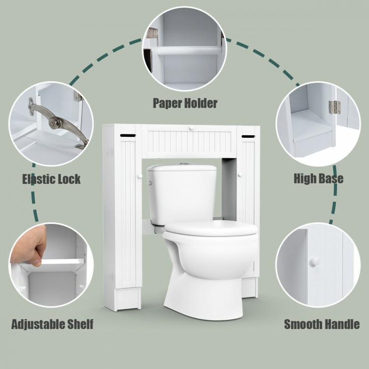 Wooden over the toilet storage cabinet in white, featuring adjustable shelves and a paper holder for efficient bathroom.