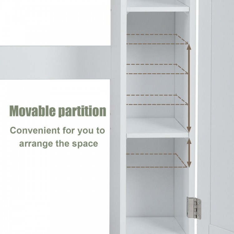 Movable partition detail of a white wooden over the toilet storage cabinet with adjustable shelves for bathroom.