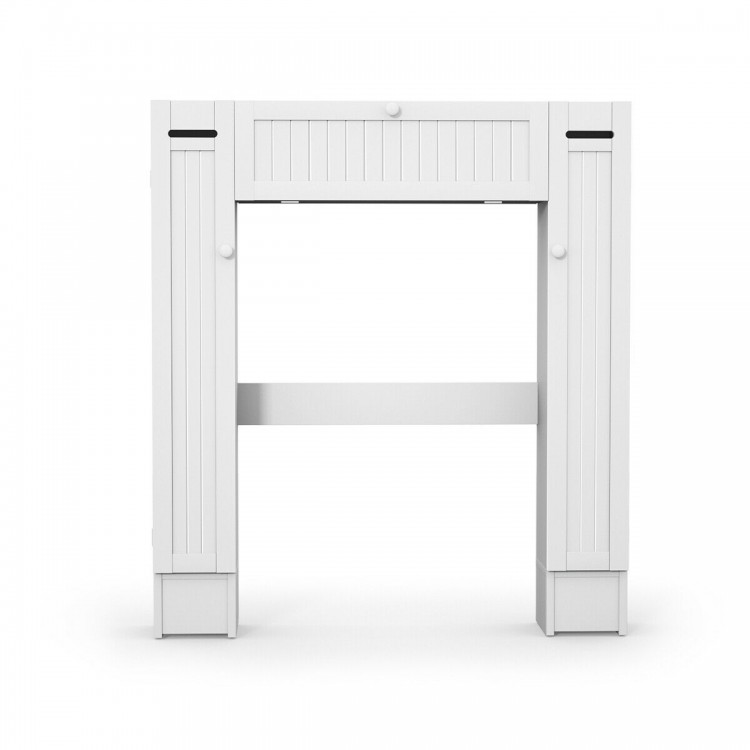 White wooden over the toilet storage cabinet with a center cabinet and two side cabinets for efficient bathroom.