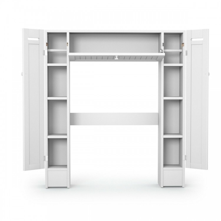 Wooden over the toilet storage cabinet in bright white with center and side cabinets, perfect for maximizing bathroom.