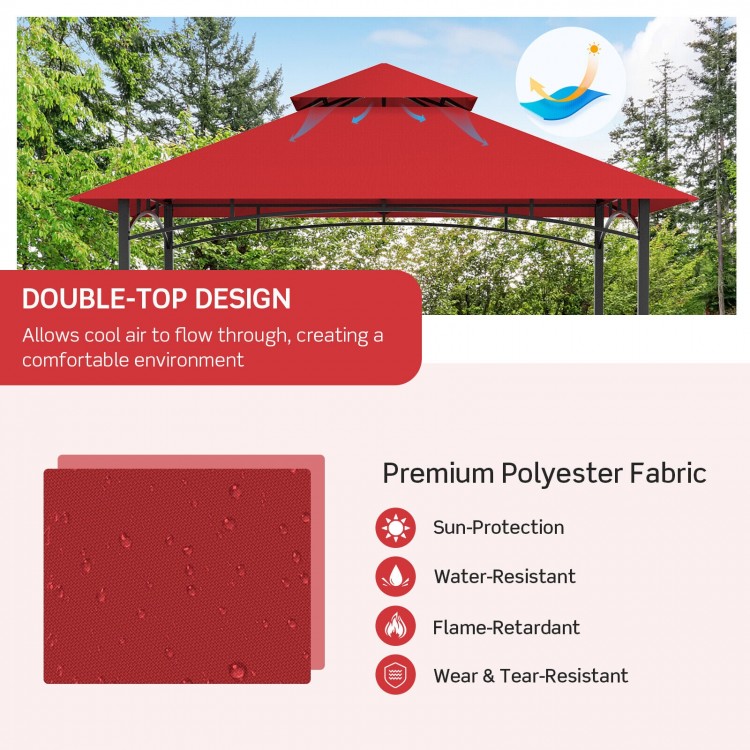 Red outdoor barbecue grill gazebo with double roof design, made of water-resistant polyester fabric for UV protection.