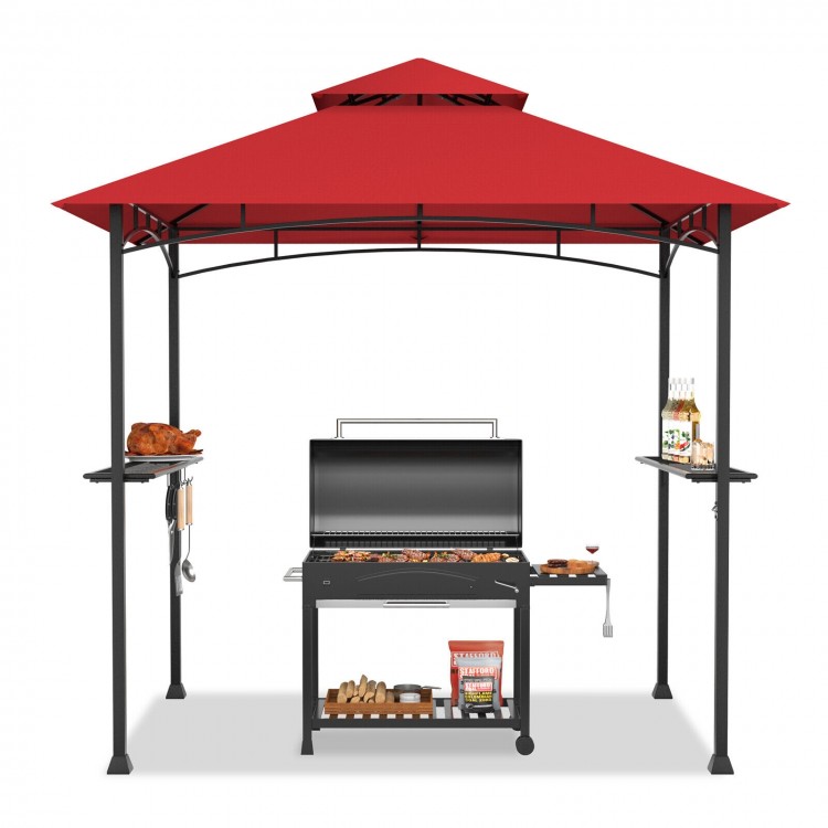 Outdoor barbecue grill gazebo with double roof, 360-degree ventilation, and metal shelves for convenience.