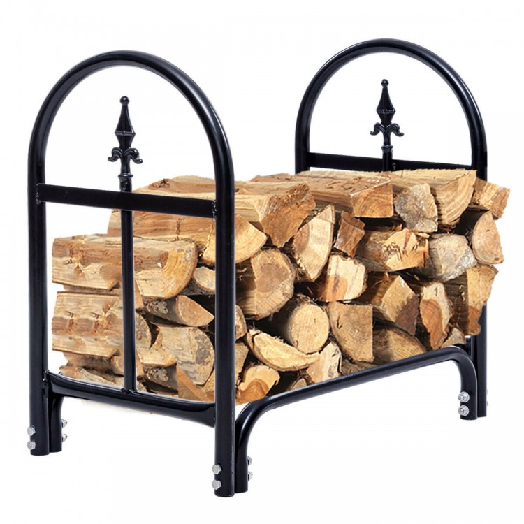Sturdy 2-foot black powder-coated steel firewood rack holds logs off the ground, preventing mold and bug issues.