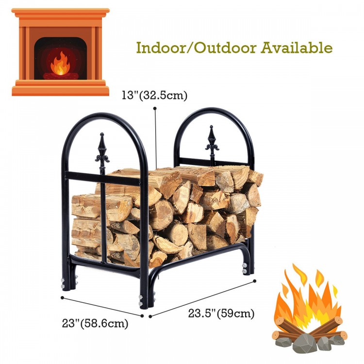 Heavy-duty steel firewood storage holder with black powder-coated finish, ideal for outdoor wood stacking and.