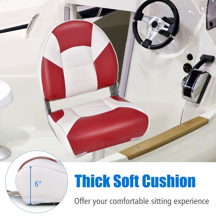 Low back boat seat with thick 6" sponge padding in red and white, designed for comfort and easy installation on boats.