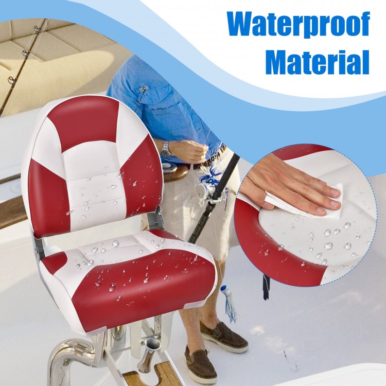 Low back boat seat in red with waterproof PVC leather, featuring thick high-density sponge padding for comfort.