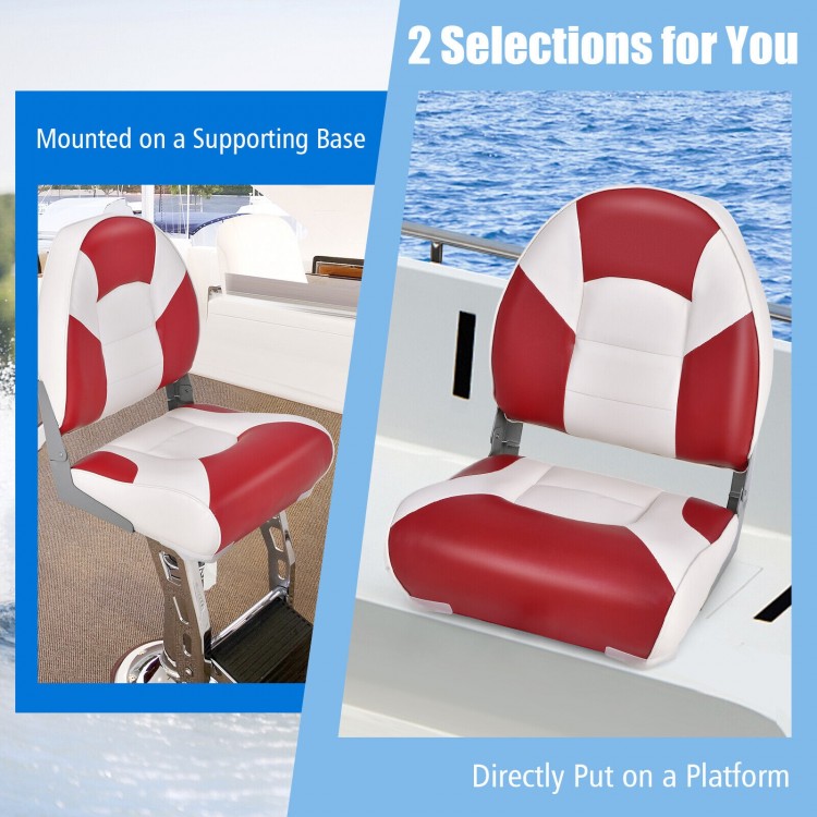 Low back folding boat seat in red and white with thick sponge padding, ideal for fishing and sailing trips.