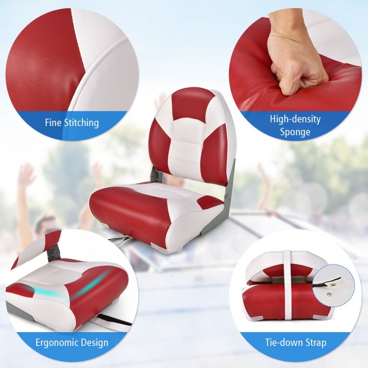 Low back boat seat in red with high-density sponge padding, ergonomic design, and waterproof PVC leather for fishing.