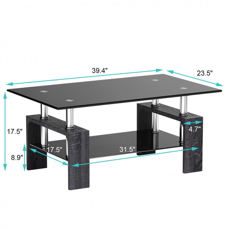 Rectangular coffee table with dimensions 39.4" x 23.5", featuring a glass top, MDF legs, and a shelf for added storage.