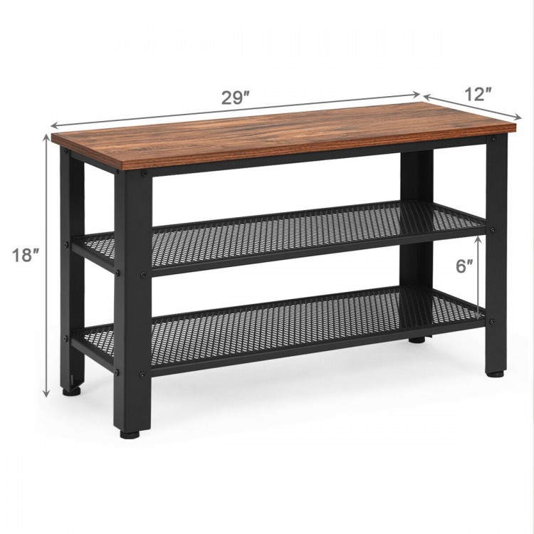 3-tier industrial shoe rack with brown wood top and metal frame, perfect for hallway storage and shoe organization.