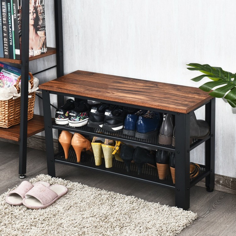 3-tier industrial shoe rack with brown wooden top and metal frame, perfect for hallway storage and shoe organization.