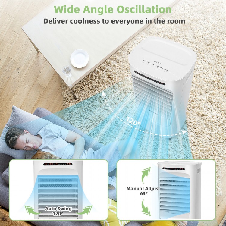 Portable evaporative air cooler with 120° auto oscillation, 3 modes, and 2.6-gallon water tank for efficient cooling.