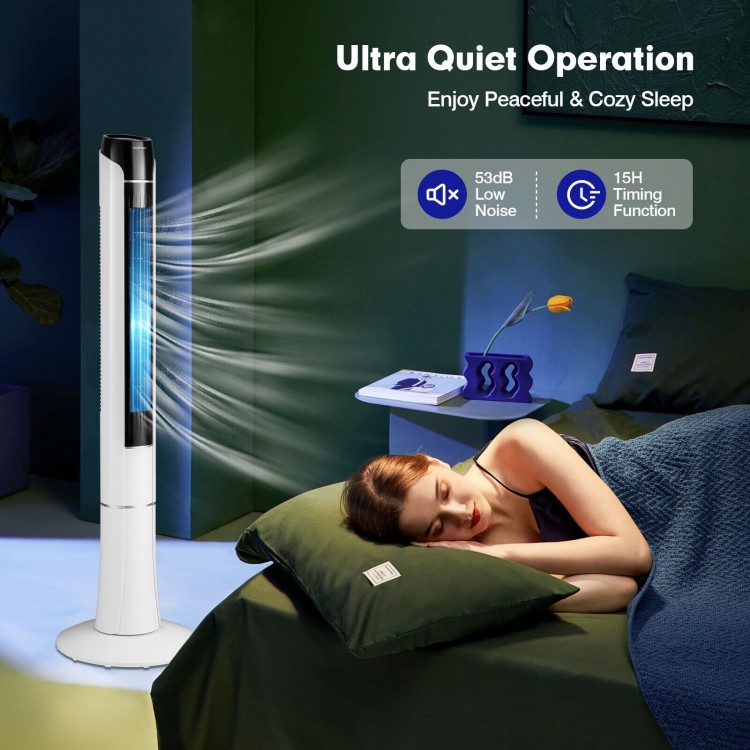 Portable 48-inch tower fan in white with remote control, featuring 80° oscillation and low-noise operation for.