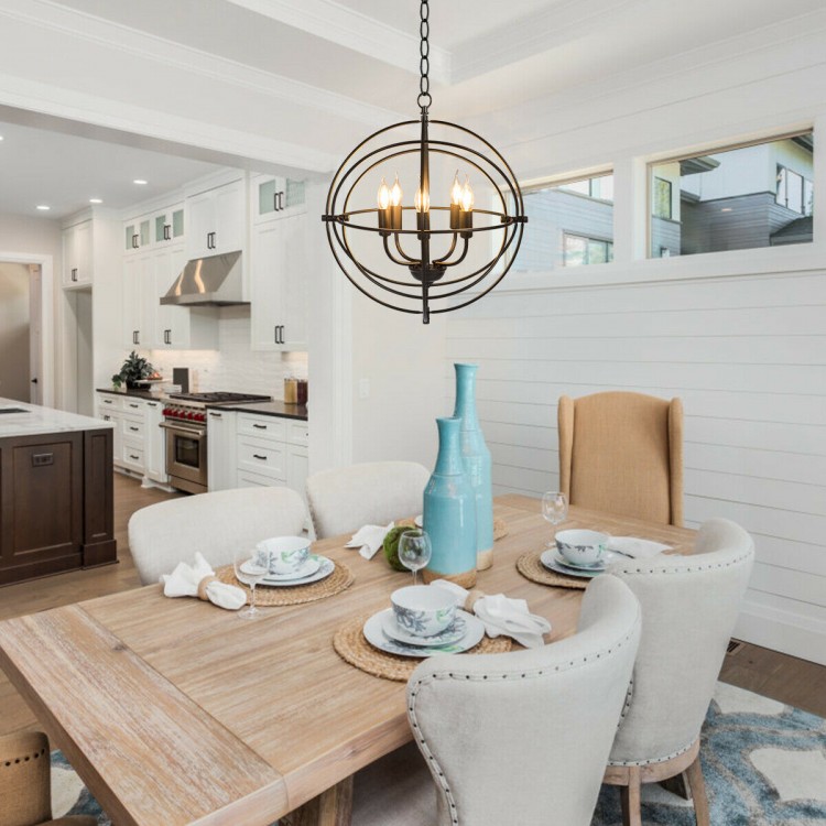 20-inch metal chandelier with pivoting interlocking rings, featuring five E12 bulb holders, ideal for stylish lighting.