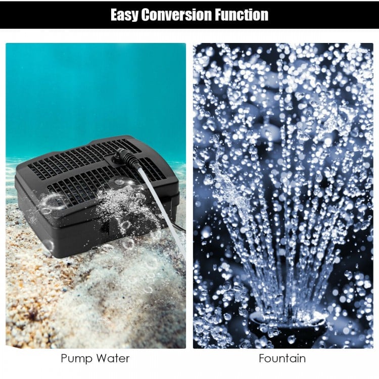 All-in-One 660 GPH pond filter pump with fountain jet, showcasing water pumping and fountain spray features.