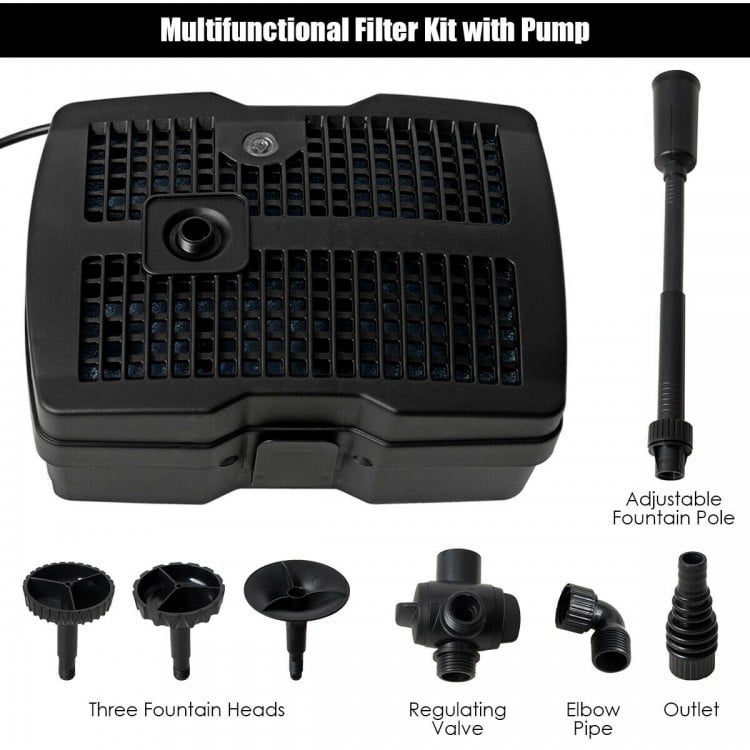 All-in-One 660 GPH pond filter pump with sterilizer, three fountain heads, and adjustable fountain pole for versatile.