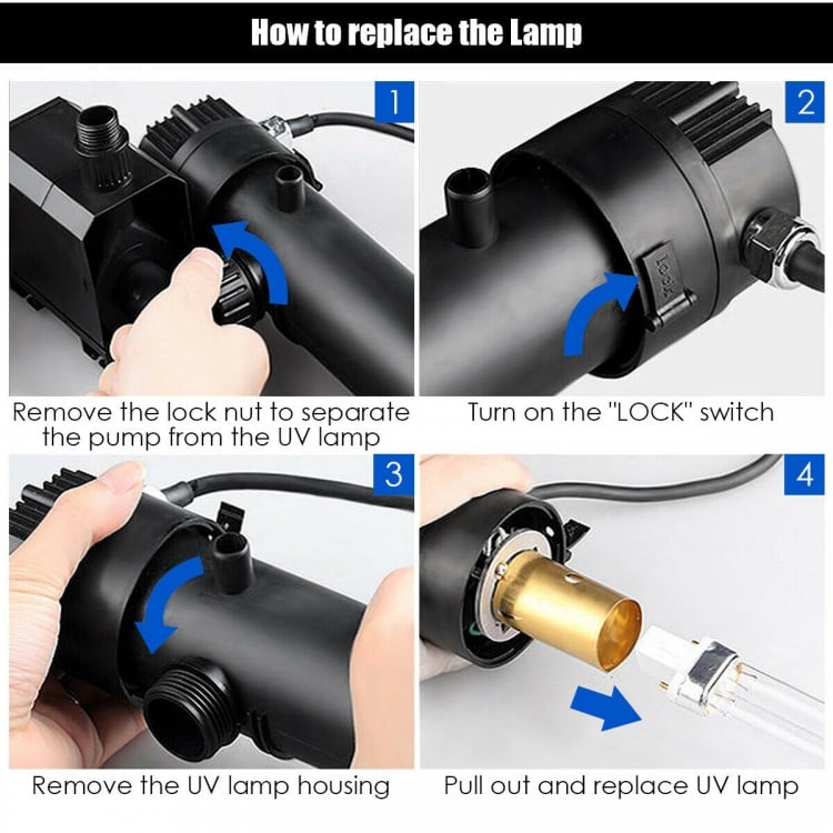 Step-by-step guide for replacing the UV lamp in the All-in-One 660 GPH Pond Filter Pump with Sterilizer.