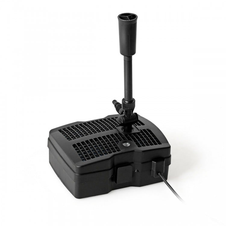 All-in-One 660 GPH pond filter pump with sterilizer, fountain jet, and adjustable pole for improved water quality.