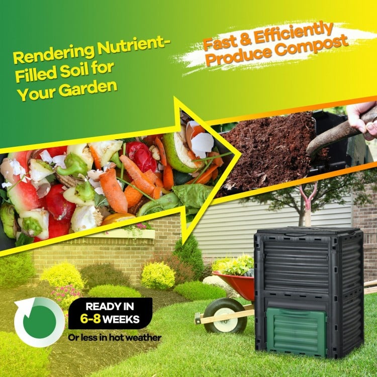 80-gallon outdoor composter with large openable lid and bottom exit door, ideal for efficient composting in your garden.