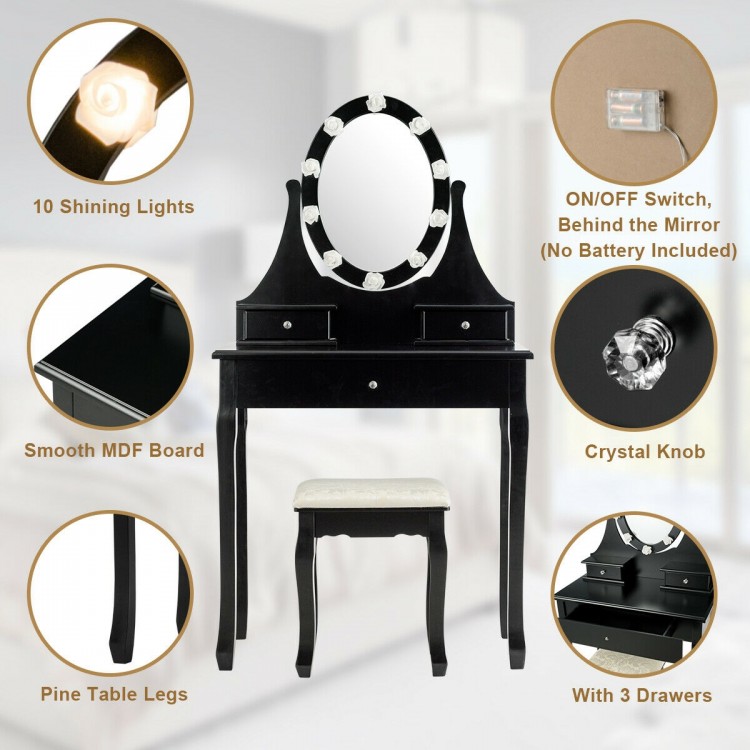 Lighted black vanity dressing table set with 3 drawers, 360-degree mirror, and cushioned stool for comfortable makeup.
