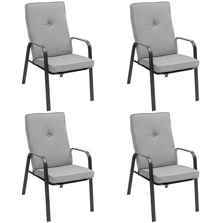 Set of 4 stackable patio dining chairs with high-back cushions, ergonomic design, and durable steel frame for outdoor.