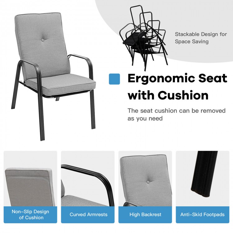 Stackable patio dining chair with high-back cushion, ergonomic design, and anti-skid footpads for outdoor comfort.