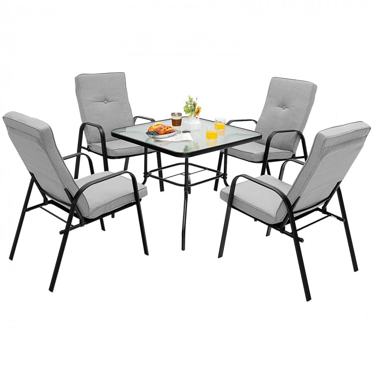 Four stackable patio dining chairs with high-back cushions, ergonomic design, and sturdy steel frame for outdoor.