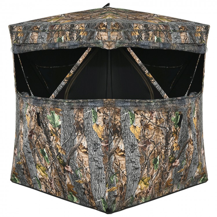 3-person portable tent with vivid camouflage, multiple windows, and easy setup for hunting or outdoor activities.
