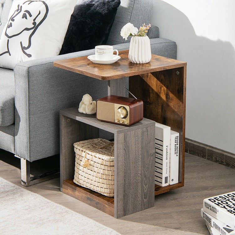 Brown 3-tier end table with unique open storage design, perfect for displaying decor or organizing items in any room.