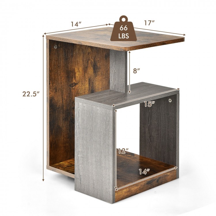 3-tier end table with open storage shelves in brown, ideal for living room or bedroom, lightweight and stable design.