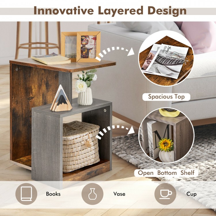 3-tier end table in brown with open storage shelf, ideal for living room or bedroom decor and organization.