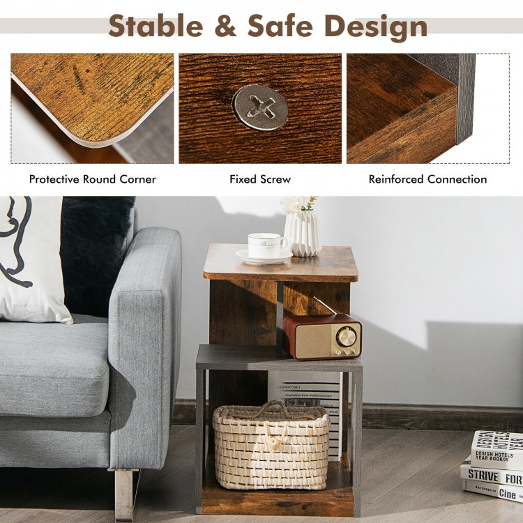 3-tier end table in brown with open storage shelves, ideal for living room or bedroom decor and organization.