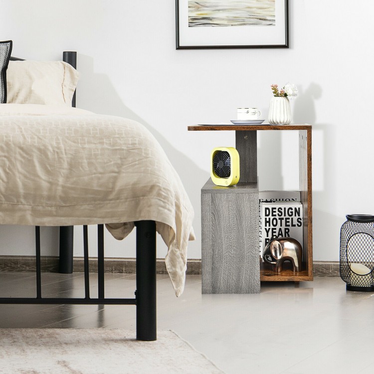 3-tier end table in brown with open storage shelves, perfect for bedroom or living room decor and organization.