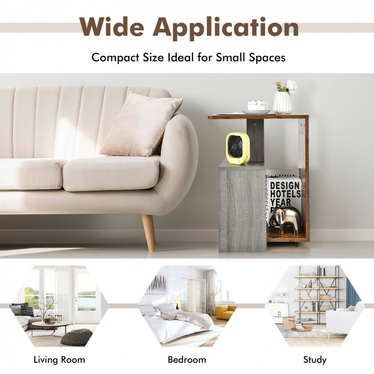 Brown 3-tier end table featuring a minimalist design and open storage shelves, perfect for small spaces and versatile.