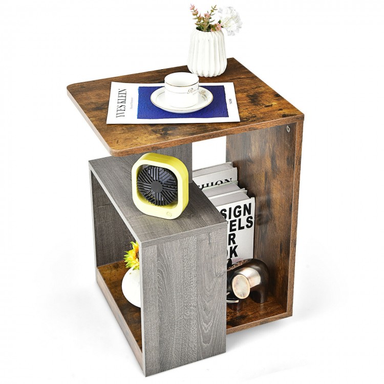 Brown 3-tier end table featuring a unique design with open storage, ideal for stylish home organization or decor.