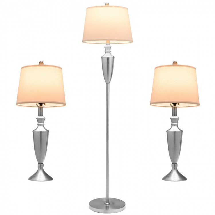 Modern 3-piece lamp set featuring a silver floor lamp and two table lamps with linen shades for elegant lighting.