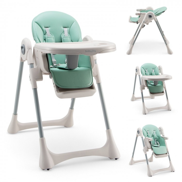 Side view of the green Baby Folding High Chair showcasing its sturdy pyramid steel frame and adjustable footrest for.