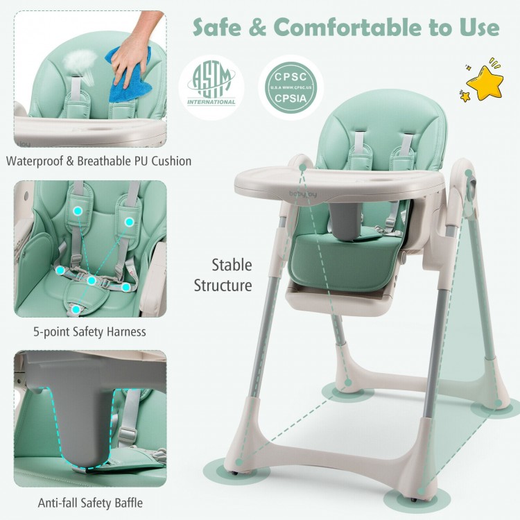 Baby folding high chair in green with adjustable height, 5-point harness, and removable trays for safe dining.