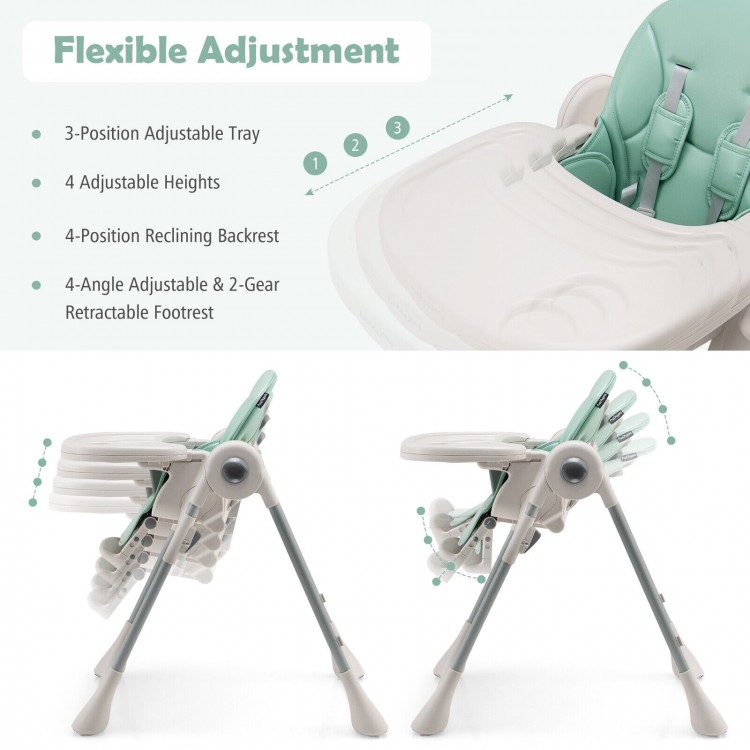 Adjustable baby high chair in green with a 3-position tray, 4 reclining positions, and retractable footrest for.